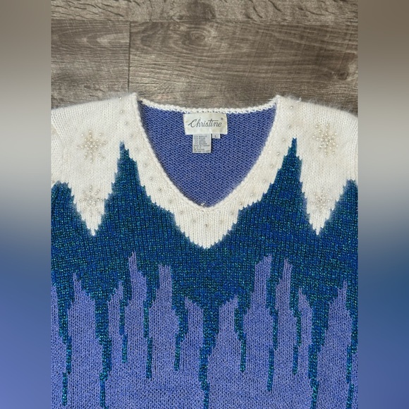 VINTAGE CHRISTINE LADIES SWEATER PURPLE HAND KNIT WITH WHITE ANGORA YOKE L - Picture 3 of 7